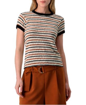 Women's Short-Sleeve Striped Crewneck Blouse