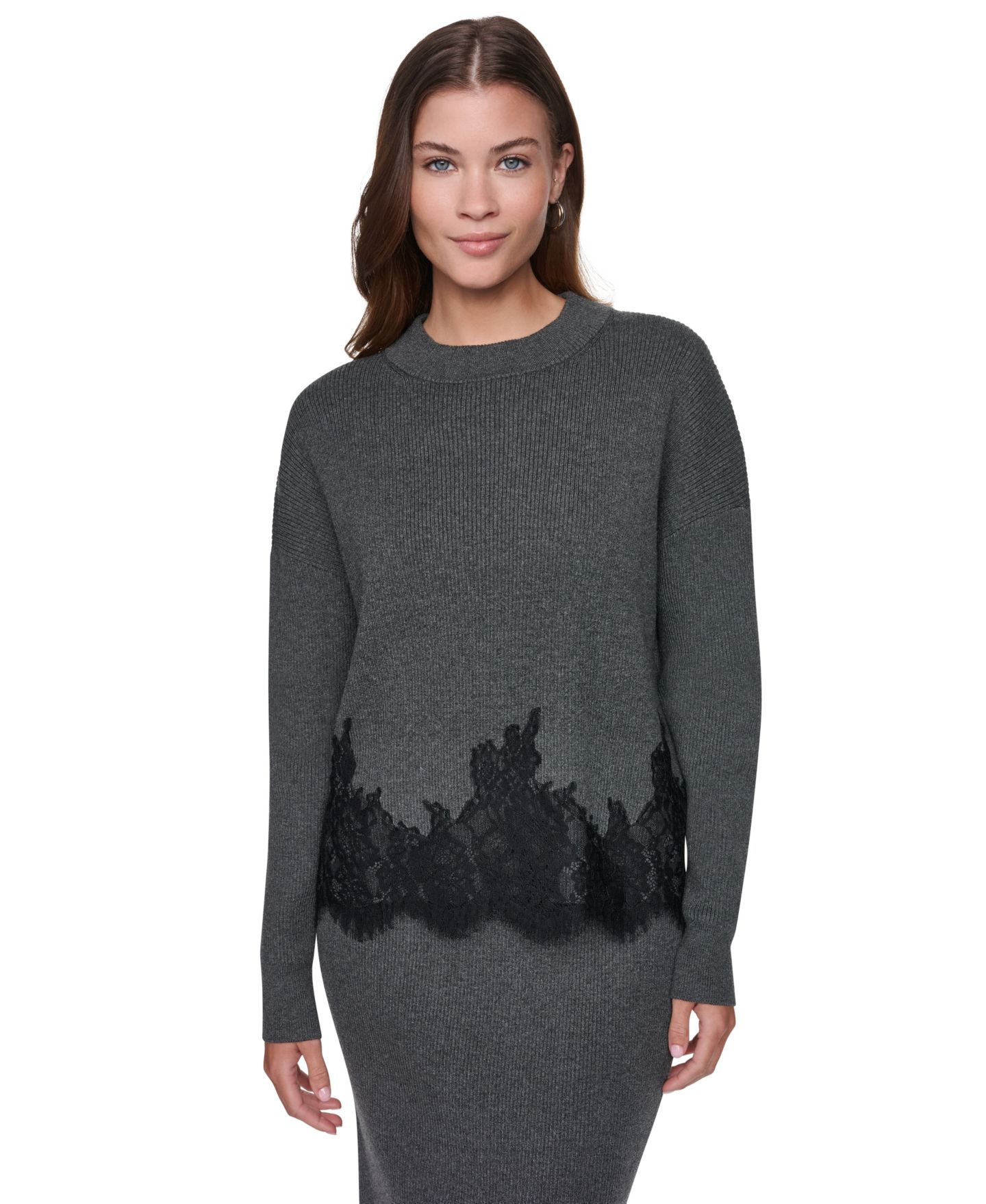 Женский свитер DKNY Lace-Trim Long-Sleeve Loose-Fit, цвет: Асфальтовый — фото 1