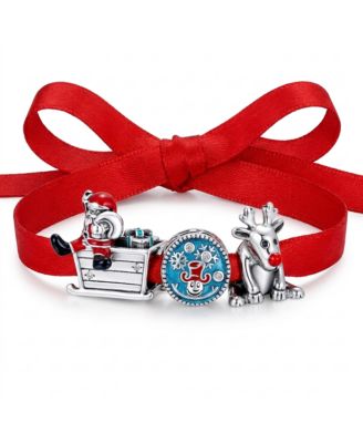 Santa Claus and Rudolf Helper Christmas Bead Charm Enamel Set Sterling Silver