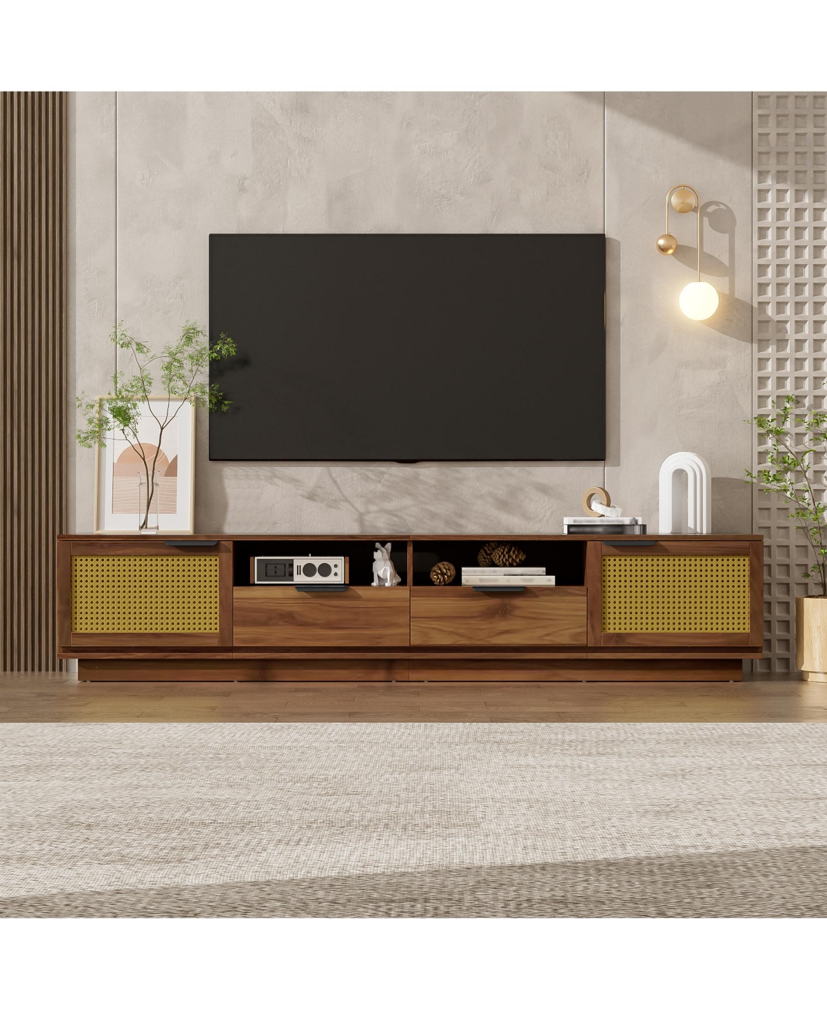 Flynama 78.74" 2 Rattan Door 2 Drawer Legless Tv Stand Open Shelf Media Console Supports 85" Tv