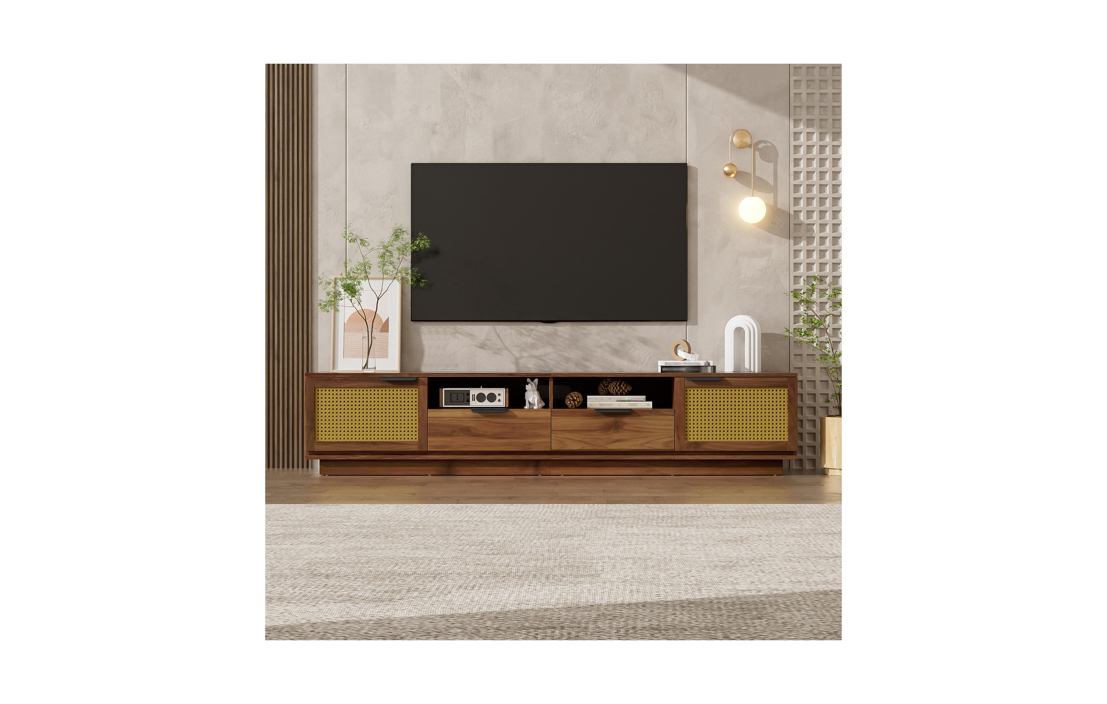 Flynama 78.74" 2 Rattan Door 2 Drawer Legless Tv Stand Open Shelf Media Console Supports 85" Tv