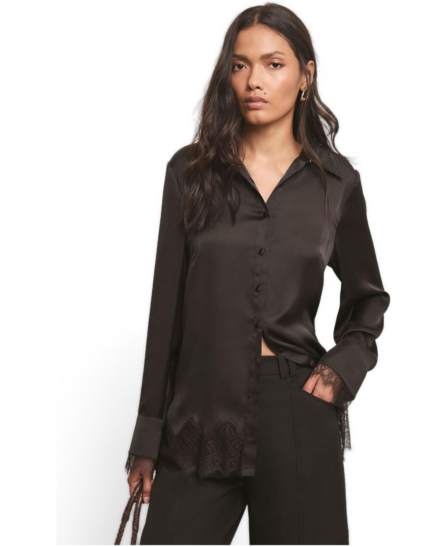 Женская блузка Mint Velvet Long-Sleeve Collared Lace-Trim, цвет: Чёрный — фото 3