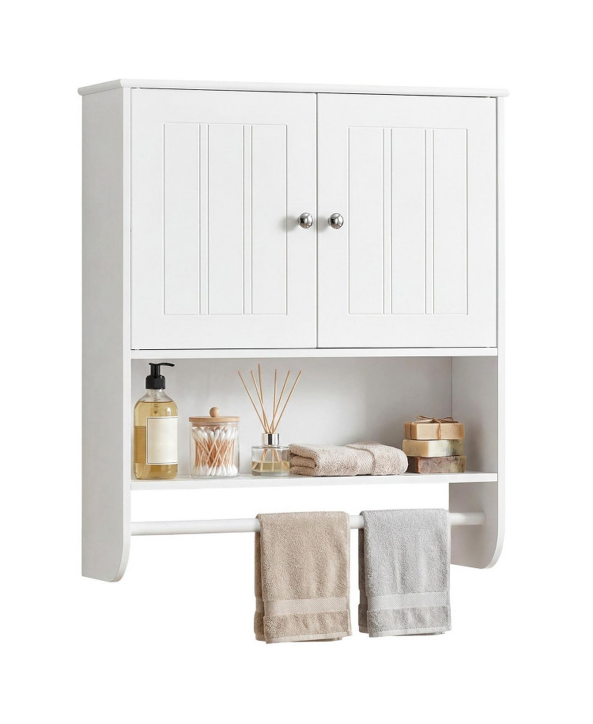 Hongge Wall Mounted Bathroom Cabinet with Rubber Wood Towel Bar - White wall cabinet