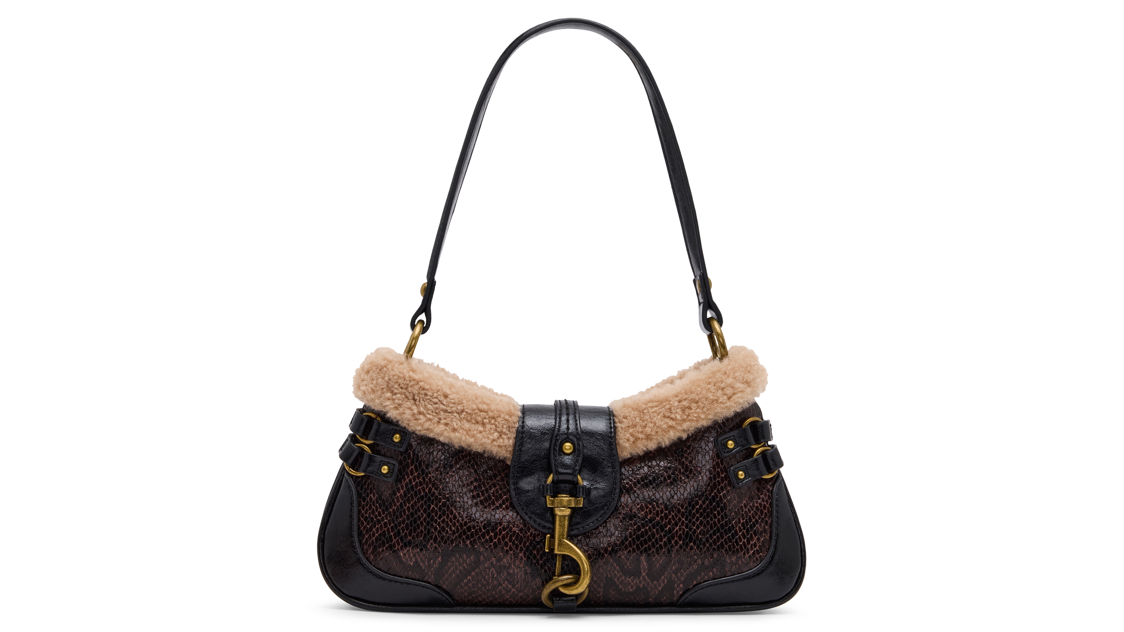 Steve Madden Bvexa-t Faux Leather Snakeskin Sherpa Collar Small Shoulder Bag
