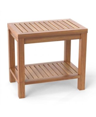 19 Inch 2-Tier Teak Wood Slatted Storage Shelf Shower Bench
