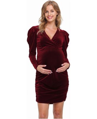 Women's Velvet Puff-Sleeve Ruched-Side Nursing Dress