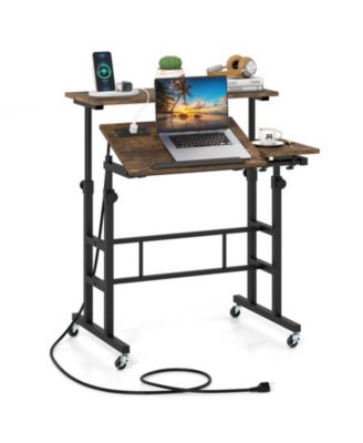 Height Adjustable Mobile Standing with Power Outlets and Portable Rolling Laptop Cart Desk