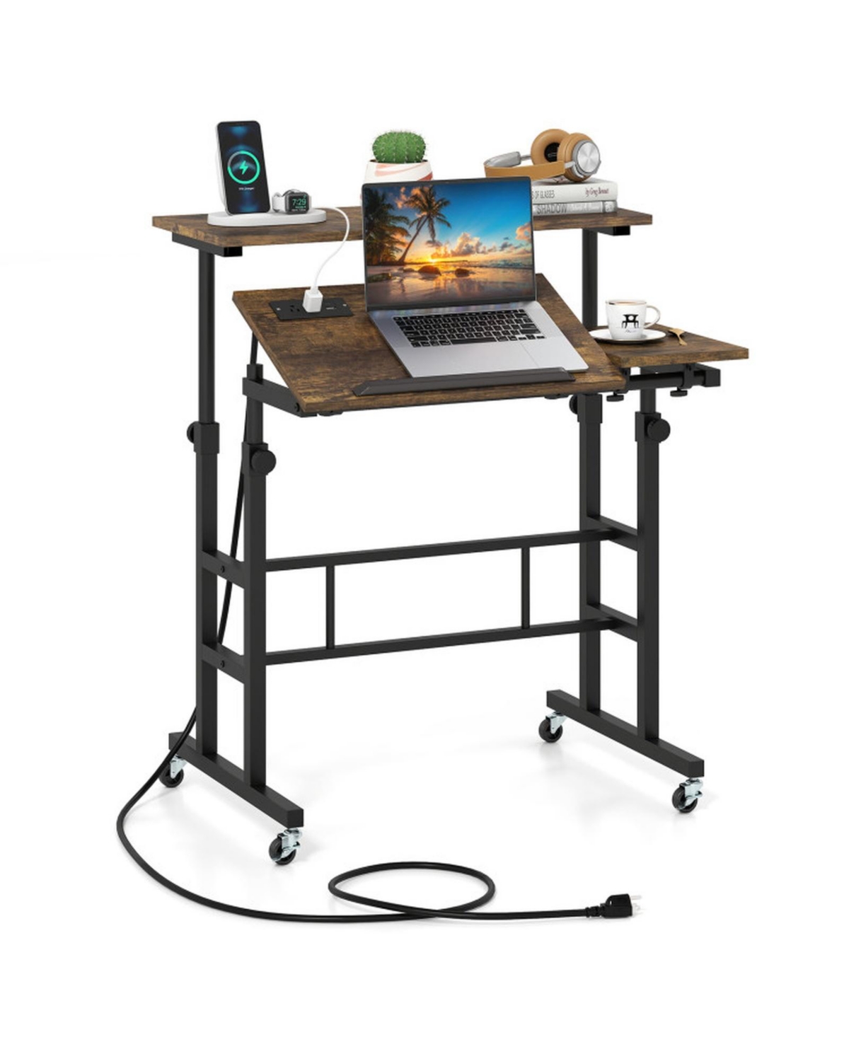 Sugift Height Adjustable Mobile Standing with Power Outlets and Portable Rolling Laptop Cart Desk - Black