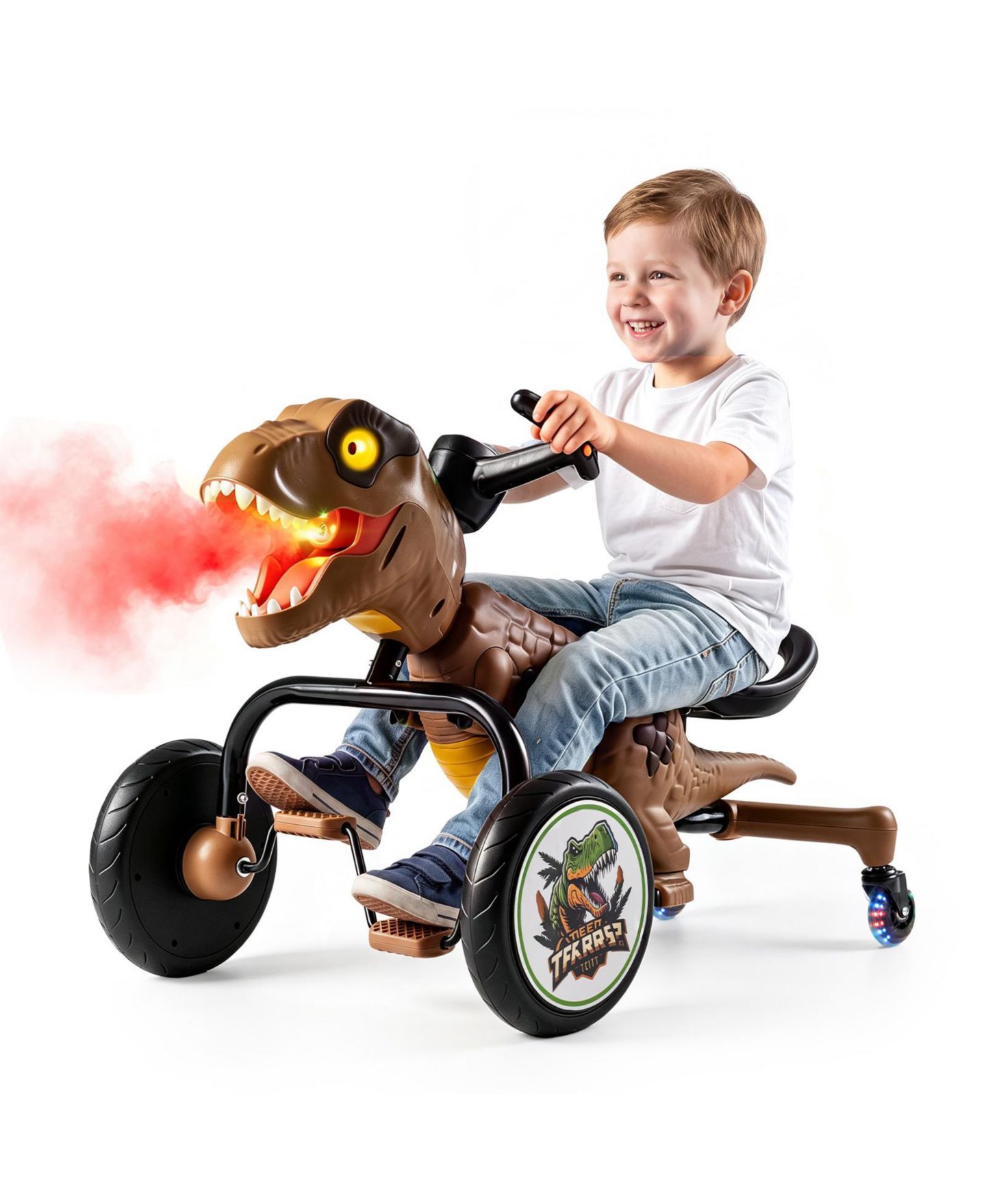 Детская игрушка Costway Dinosaur Drift Tricycle with Lights & Mist Spray, 66 lb. Capacity, Ages 3-8, цвет: Коричневый — фото 10