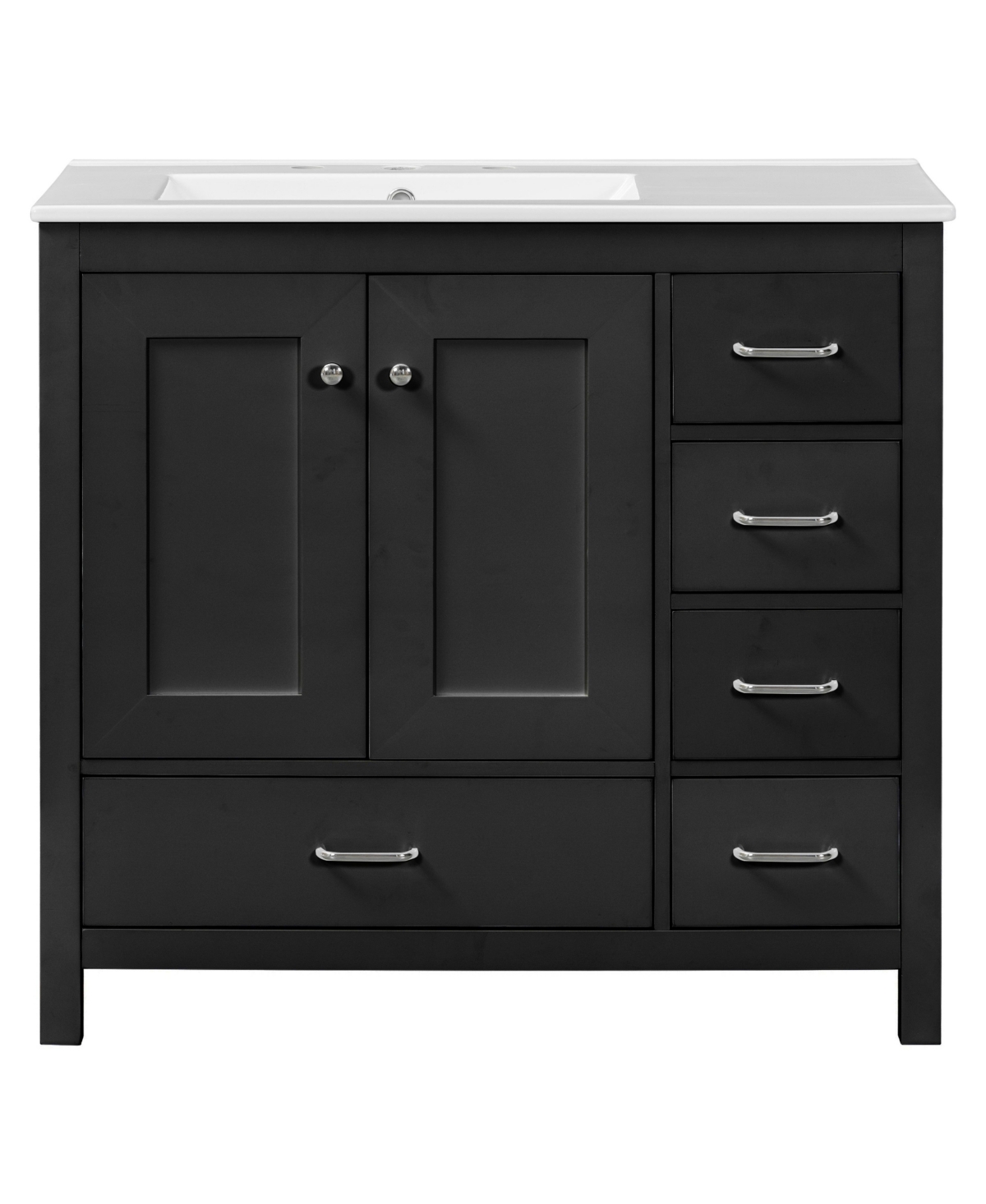 Sillysis 36 Inch Freestanding Bathroom Vanity, Mdf Cabinet with Solid Wood Frame, Ceramic Integrated Sink, 5-Drawer Storage, Assembly Required - Black
