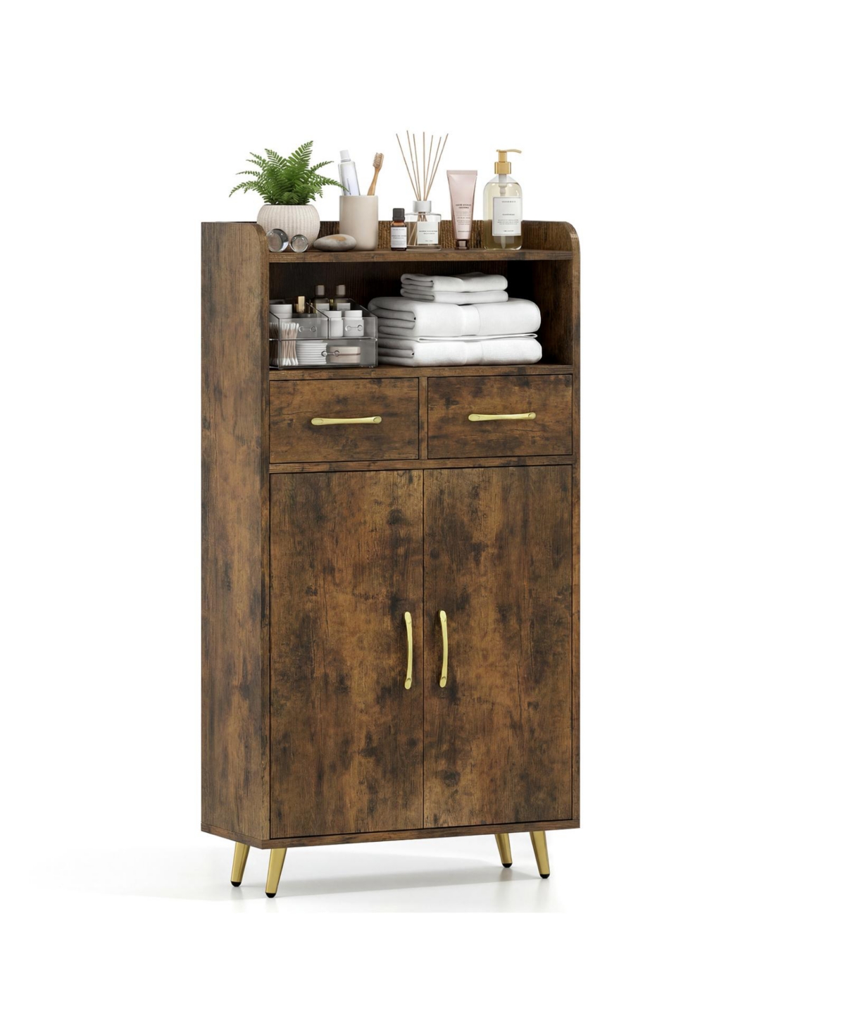 Volenca Freestanding Bathroom Storage Cabinet with 2 Drawers, 2 Doors and Metal Legs, Bathroom Floor Cabinet Provide your feedback on BizChat - Brown