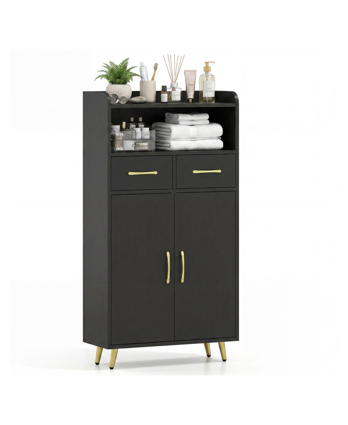 Volenca Freestanding Bathroom Storage Cabinet with 2 Drawers, 2 Doors and Metal Legs, Bathroom Floor Cabinet Provide your feedback on BizChat - Black