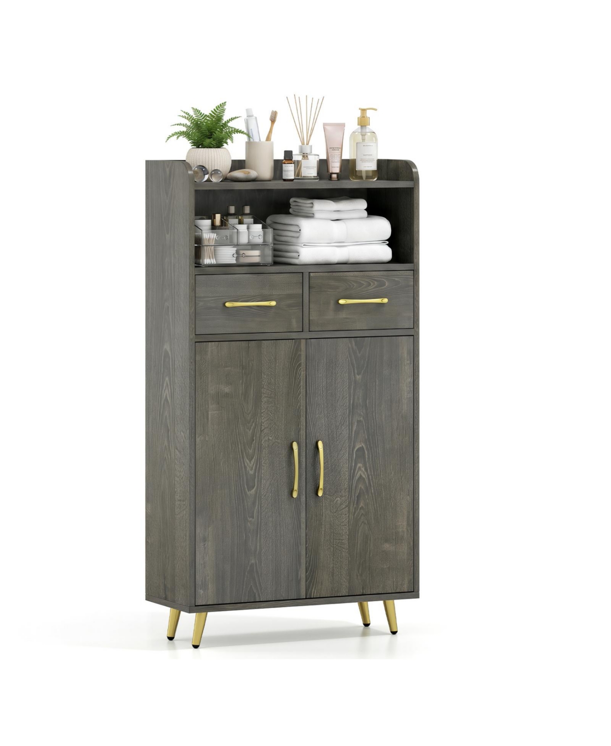 Volenca Freestanding Bathroom Storage Cabinet with 2 Drawers, 2 Doors and Metal Legs, Bathroom Floor Cabinet Provide your feedback on BizChat - Gray
