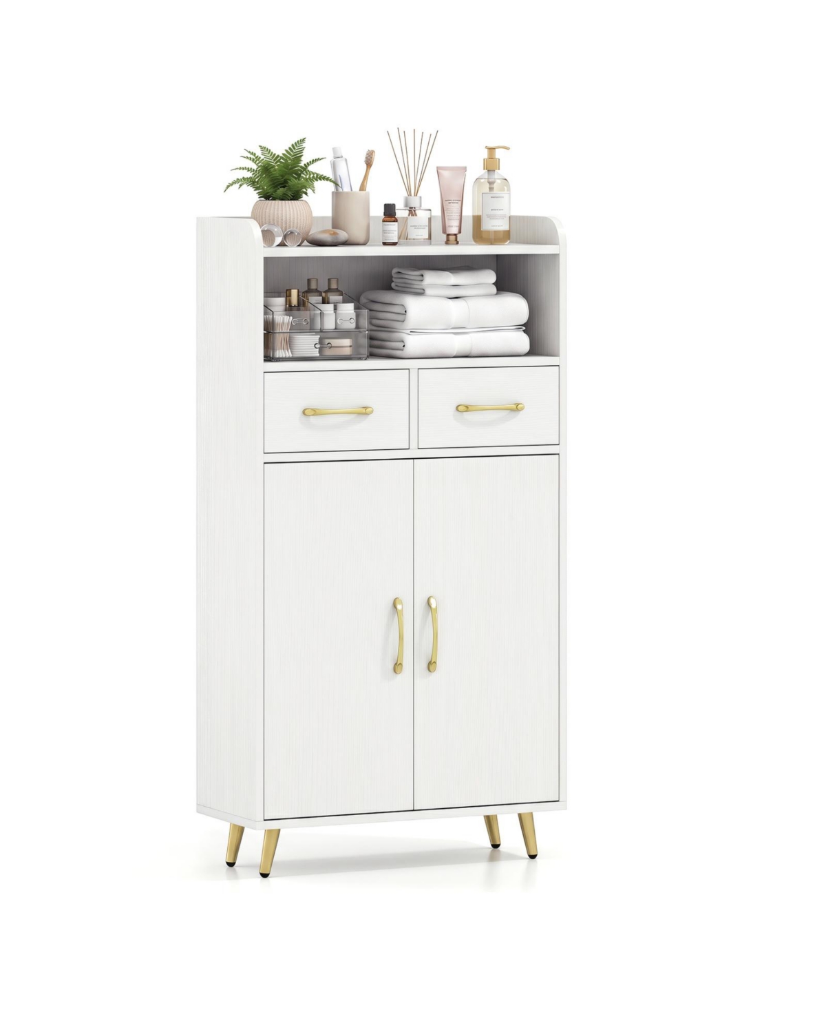 Volenca Freestanding Bathroom Storage Cabinet with 2 Drawers, 2 Doors and Metal Legs, Bathroom Floor Cabinet Provide your feedback on BizChat - White