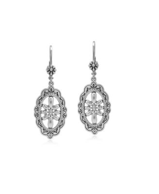 Sterling Silver Floral Filigree Oval and Concha Dangle Earrings