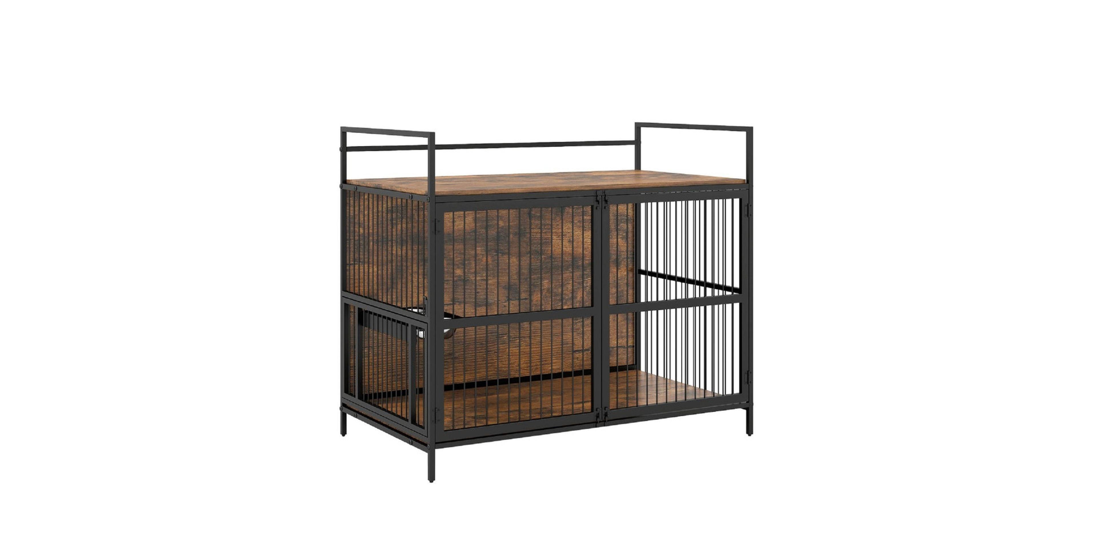 Sugift Wooden Dog Crate Furniture for Medium Dogs with Bowls and Rotatable Holder