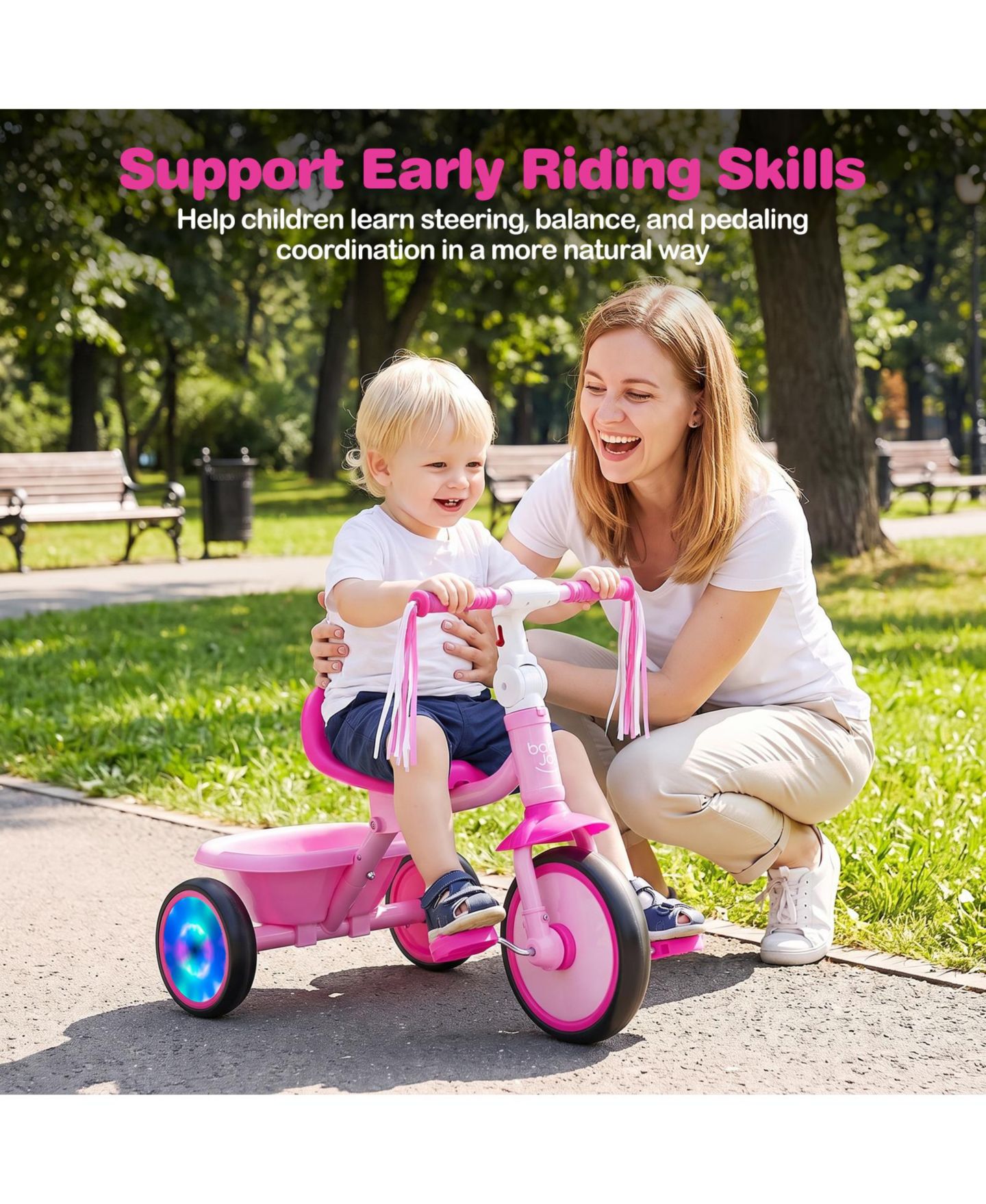 Детская игрушка Costway Foldable Toddler Tricycle with Light-Up Wheels and Adjustable Seat, 55 lb. Capacity, Ages 2-5, цвет: Розовый — фото 4