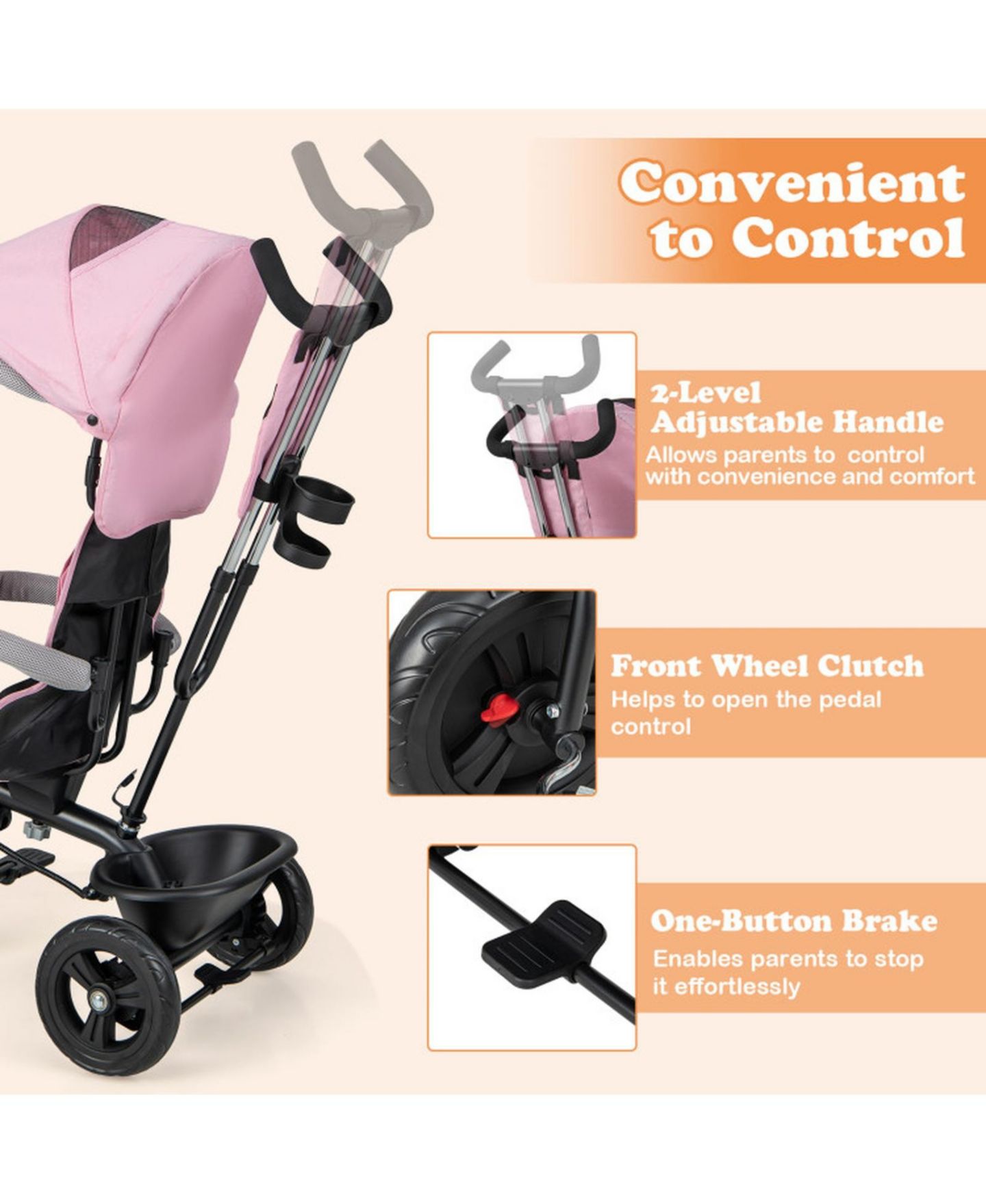 Детская игрушка HONGGE 4-in-1 Baby Trike with Removable Canopy, 55 lb. Capacity, Ages 9 Months-5 Years, цвет: Розовый — фото 8