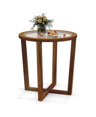 Round Tempered Glass Top Side Table with Acacia Legs