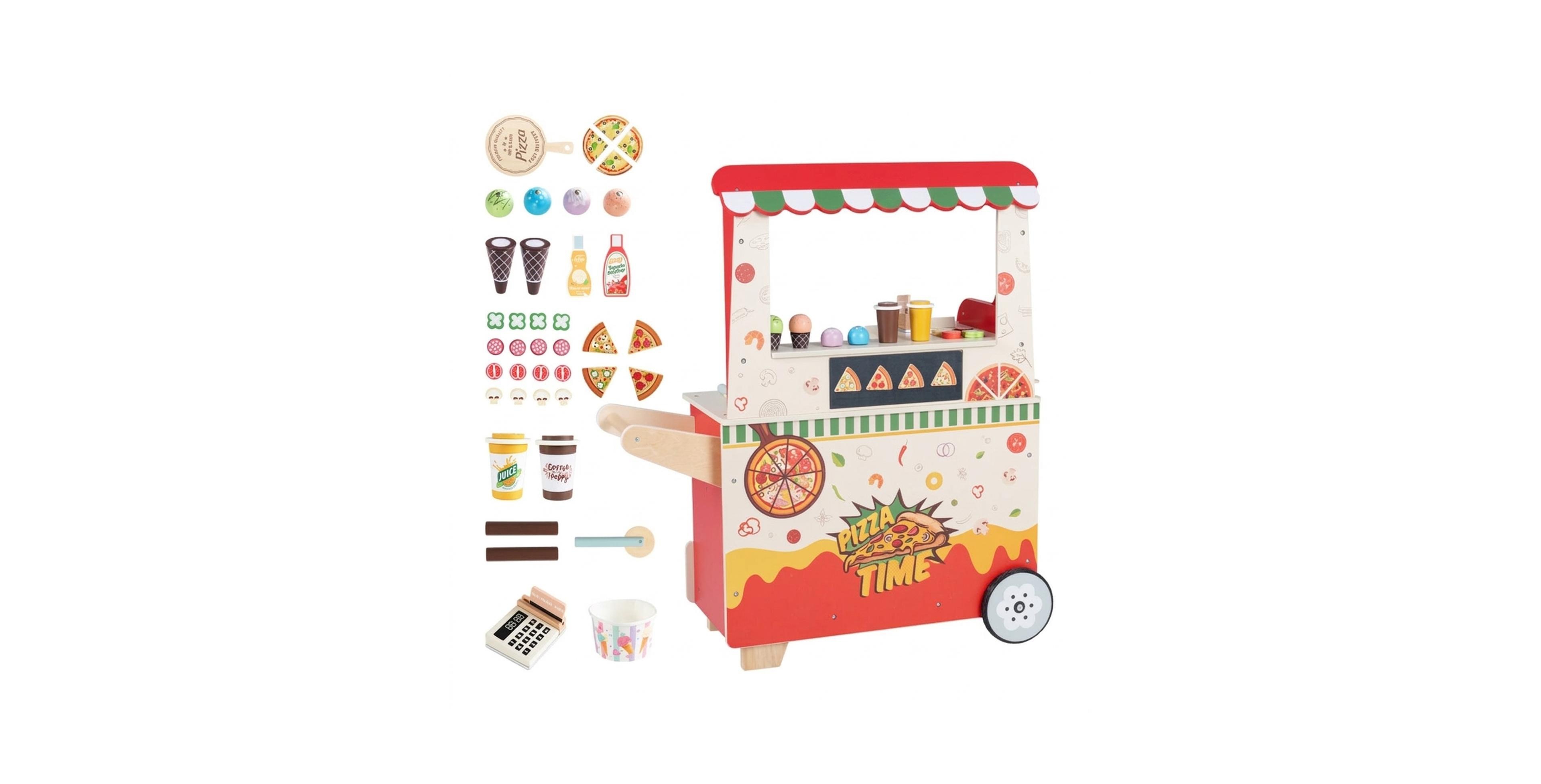Hongge Pizza Food Truck Wooden Play Oven 40-Piece Pretend Play Set, Ages 3+