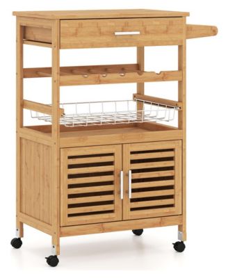 Bamboo Rolling Kitchen Island Trolley with Storage Cabinet and Wine Rack