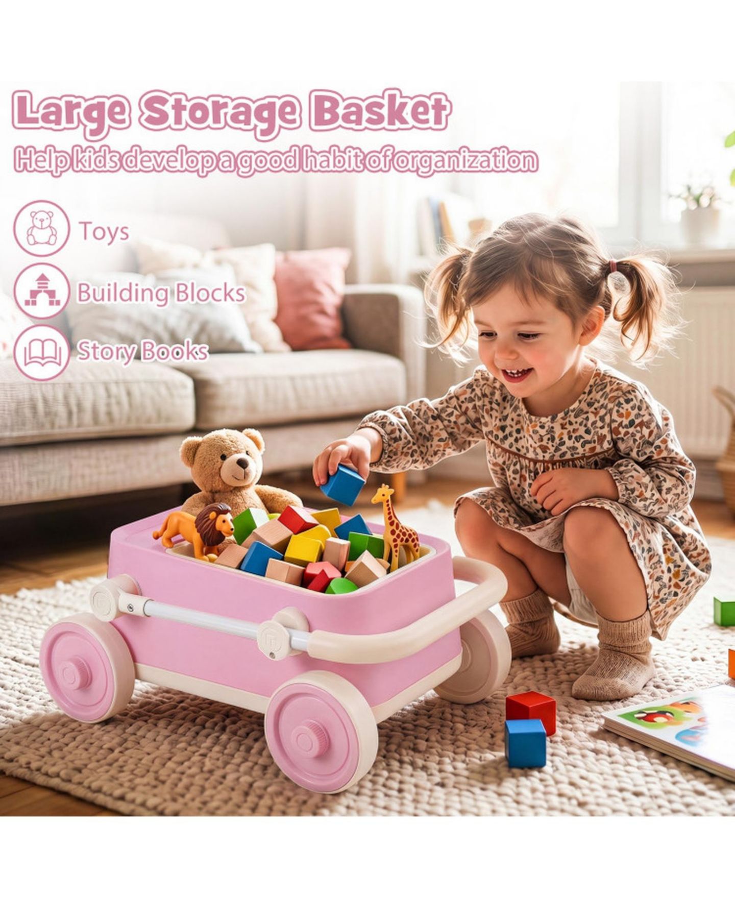 Детская игрушка SUGIFT Baby Push Wagon with Foldable Handlebar and Storage Basket, Ages 3-6, цвет: Розовый — фото 5