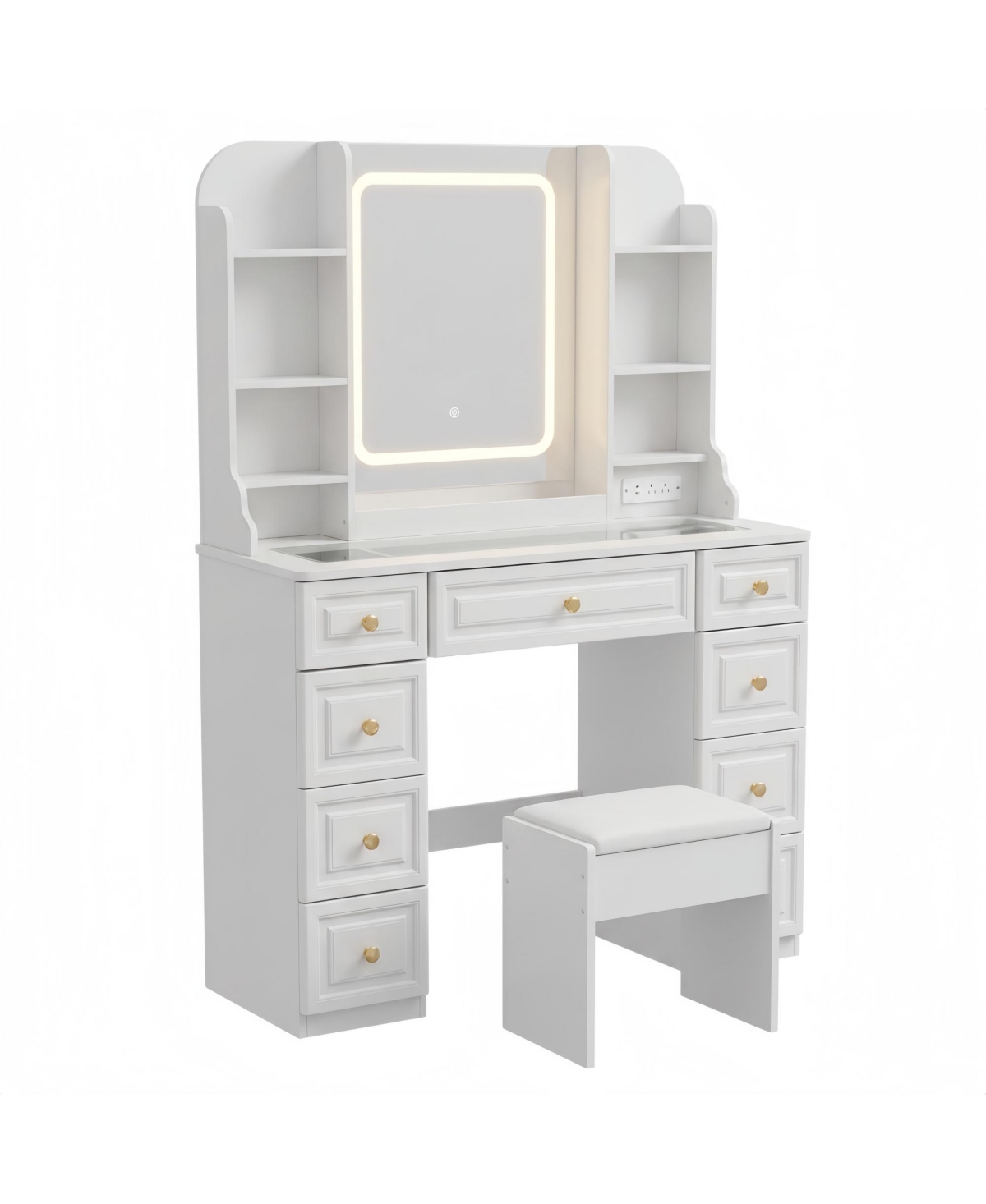 gaomon Led Vanity Desk, 9 Drawers, Mirror and Lights, Power Outlet, Generous Storage - White