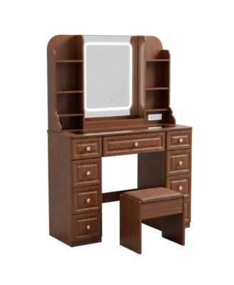 LED Vanity Desk, 9 Drawers, Mirror and Lights, Power Outlet, Generous Storage