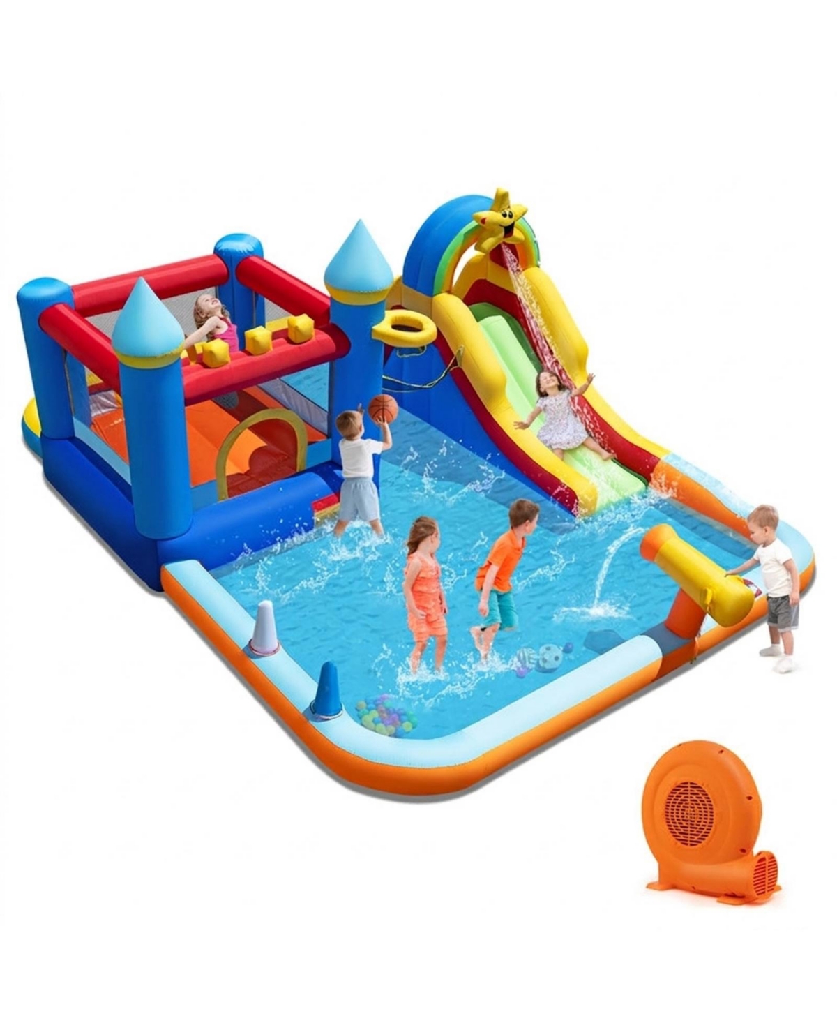 Hongge Inflatable Bouncy Castle Water Park with Blower Included and Water Slide, Ages 3-12 - Assorted bright panels