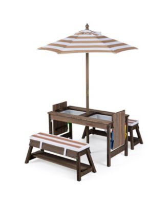Kids Wooden Picnic Table and Bench Set Featuring Umbrella Table