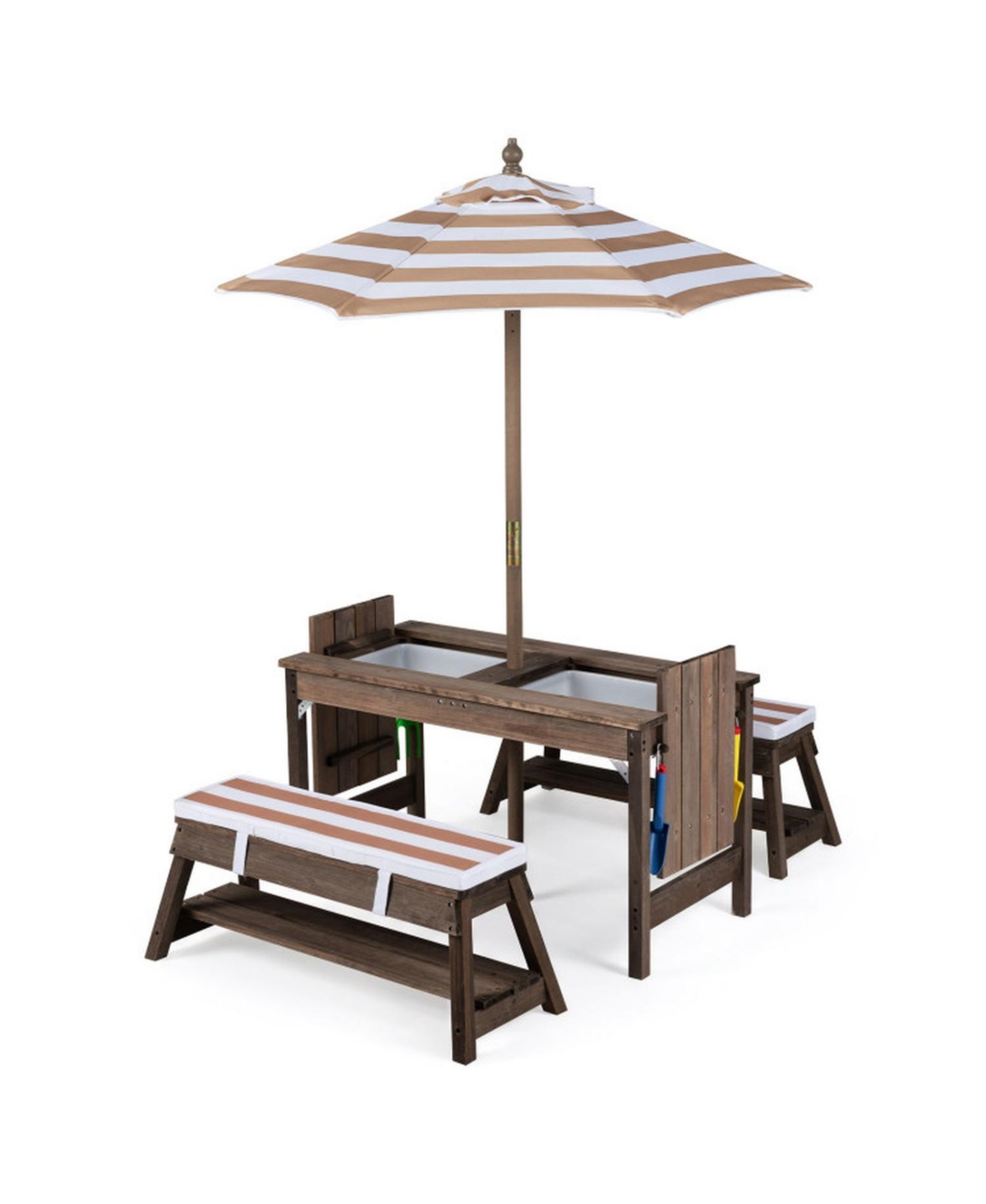 Gouun Kids Wooden Picnic Table and Bench Set Featuring Umbrella Table - Brown wood finish
