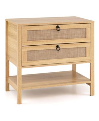 Boho Rattan Nightstand with 2 Drawers and Bottom Open Shelf