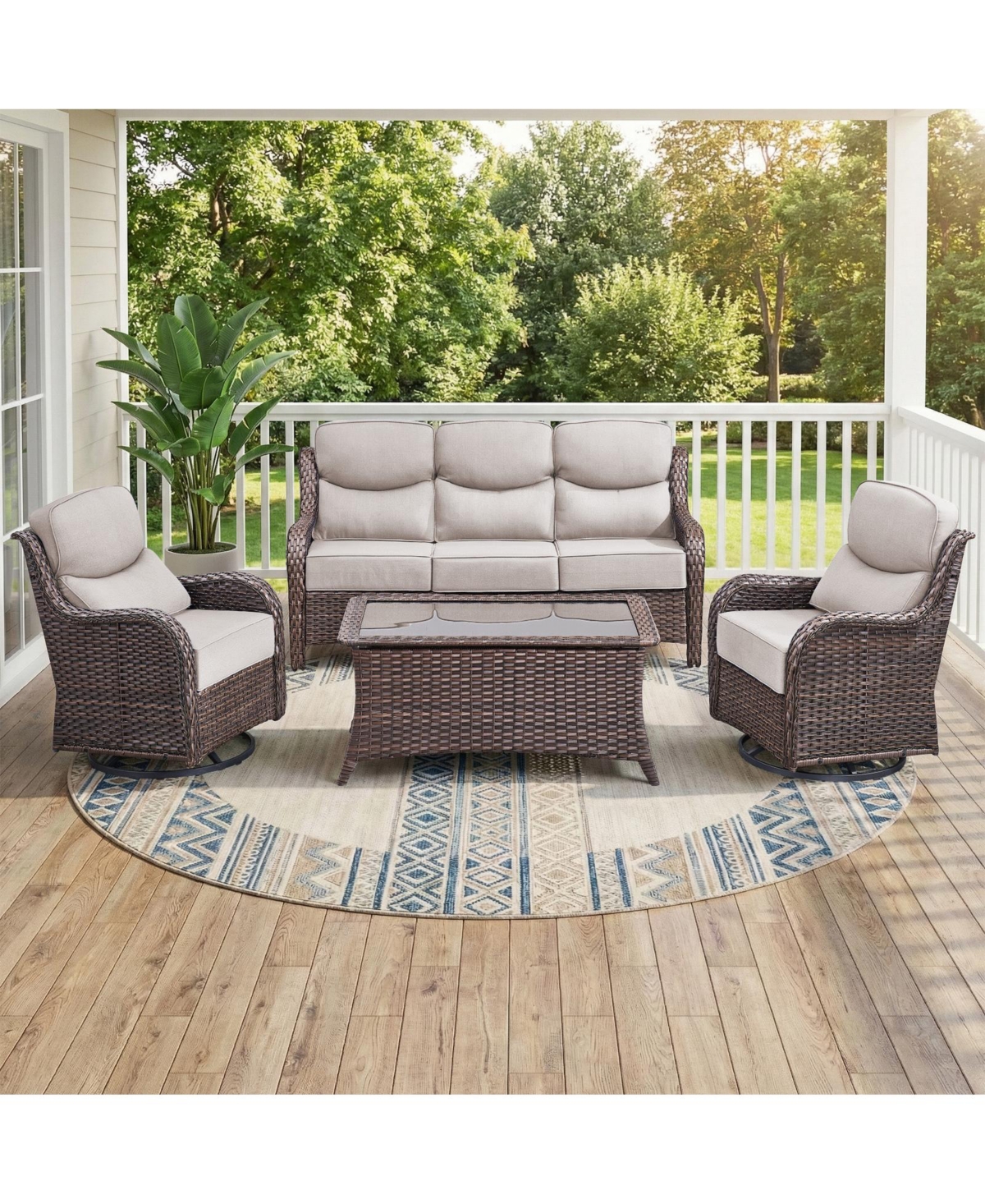 Bellefurn 5 - Person Wicker Patio Conversation Set with Coffee Table and 6-Inch Luxury Cushions Swivel Chairs, Side