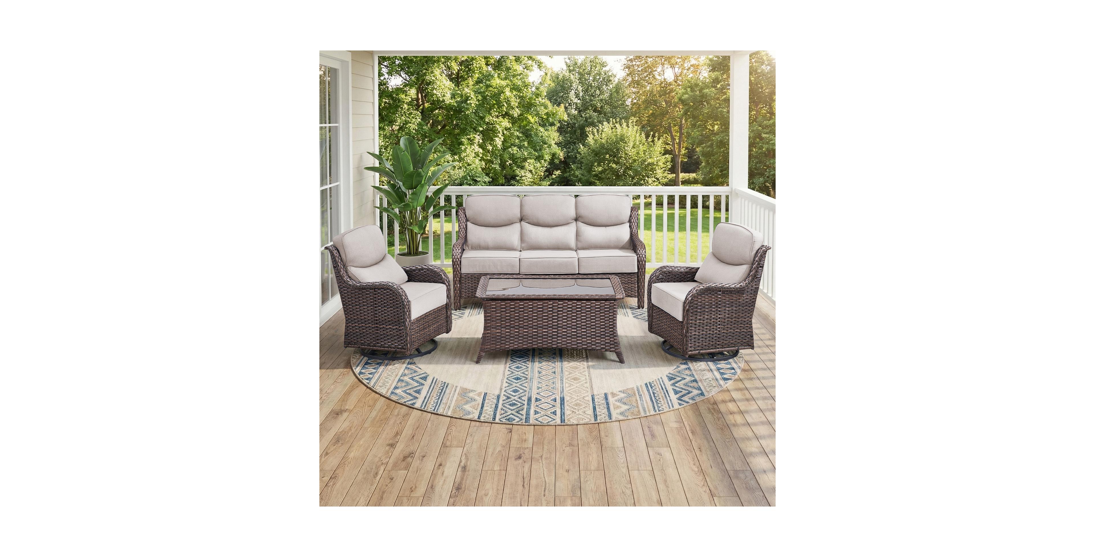 Bellefurn 5 - Person Wicker Patio Conversation Set with Coffee Table and 6-Inch Luxury Cushions Swivel Chairs