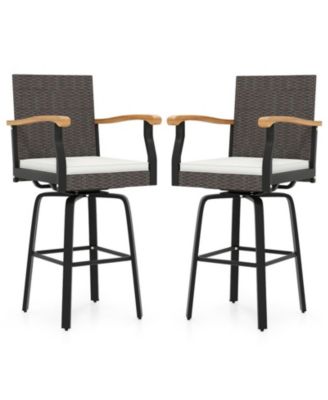 Set of 2 Outdoor Swivel Bar Stools with Acacia Armrests Chair