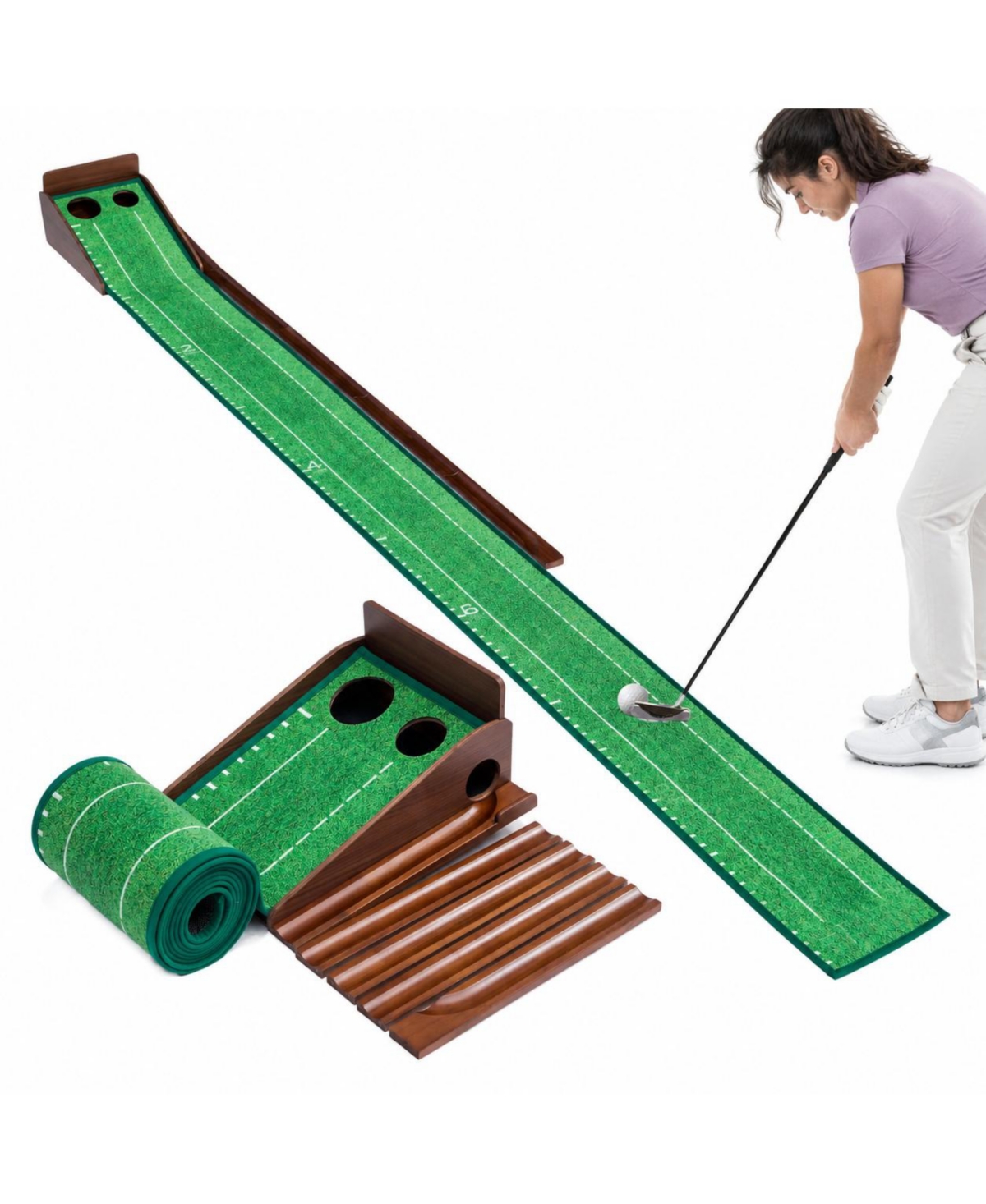 Peneyon Indoor Golf Putting Mat Automatic Ball Return Double Hole Practice Training