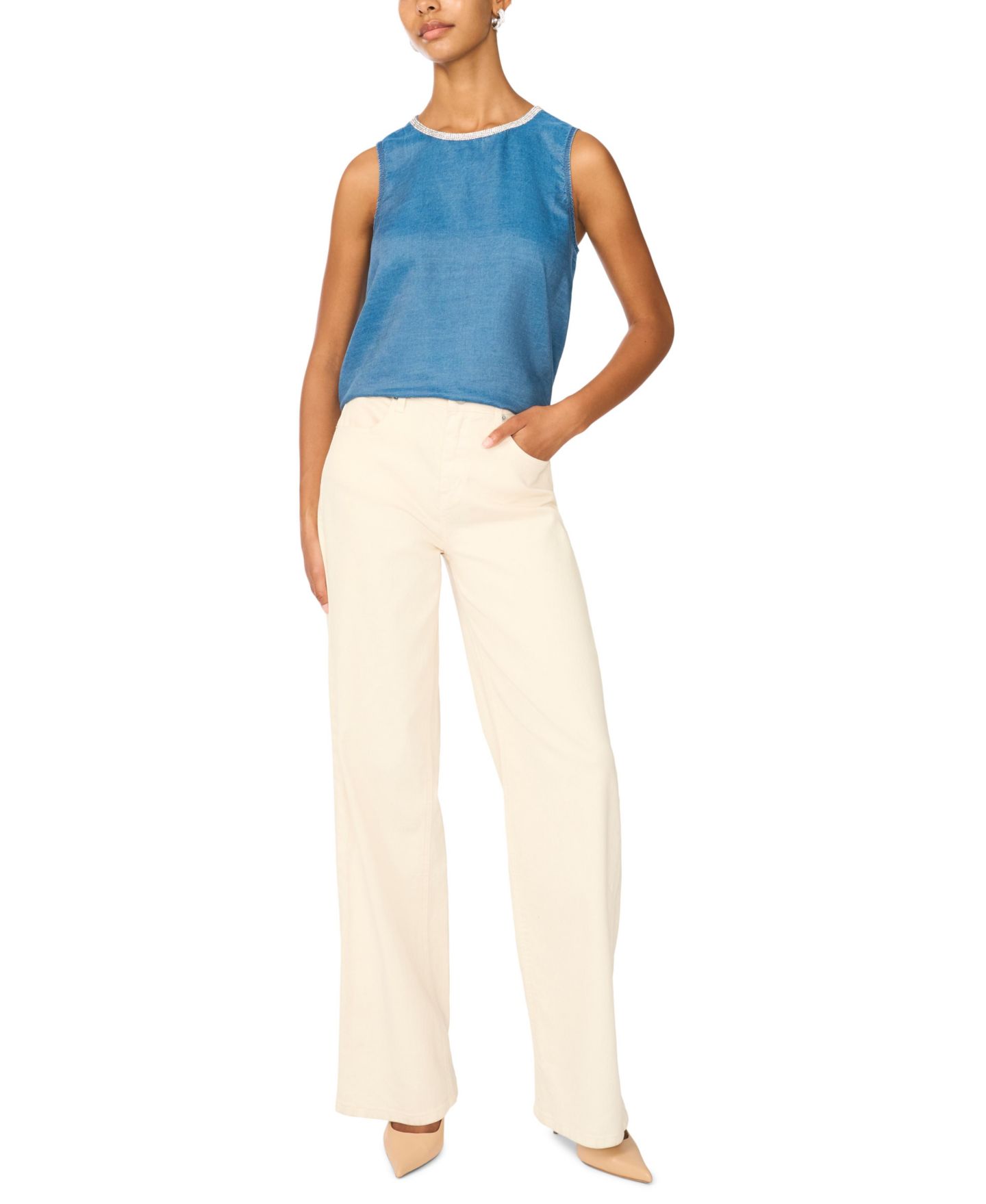 Женская блузка Vince Camuto Denim Sleeveless Embellished, цвет: Шамбре синий — фото 2