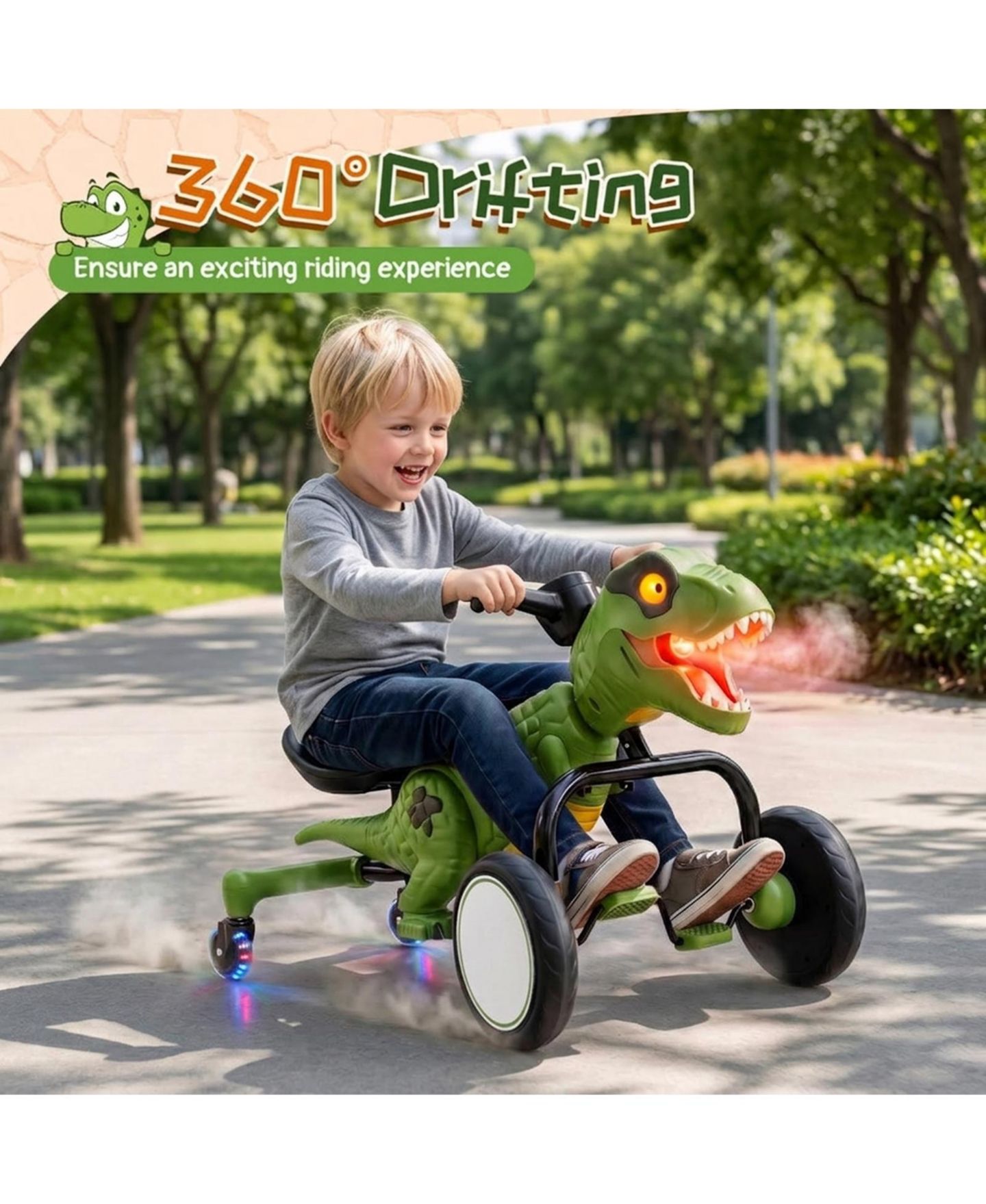 Детская игрушка HONGGE Dinosaur Drift Tricycle with Mist Spray, Roar Sound & Lighted Head, 66 lb Capacity, Ages 3-8, цвет: Зелёный — фото 9