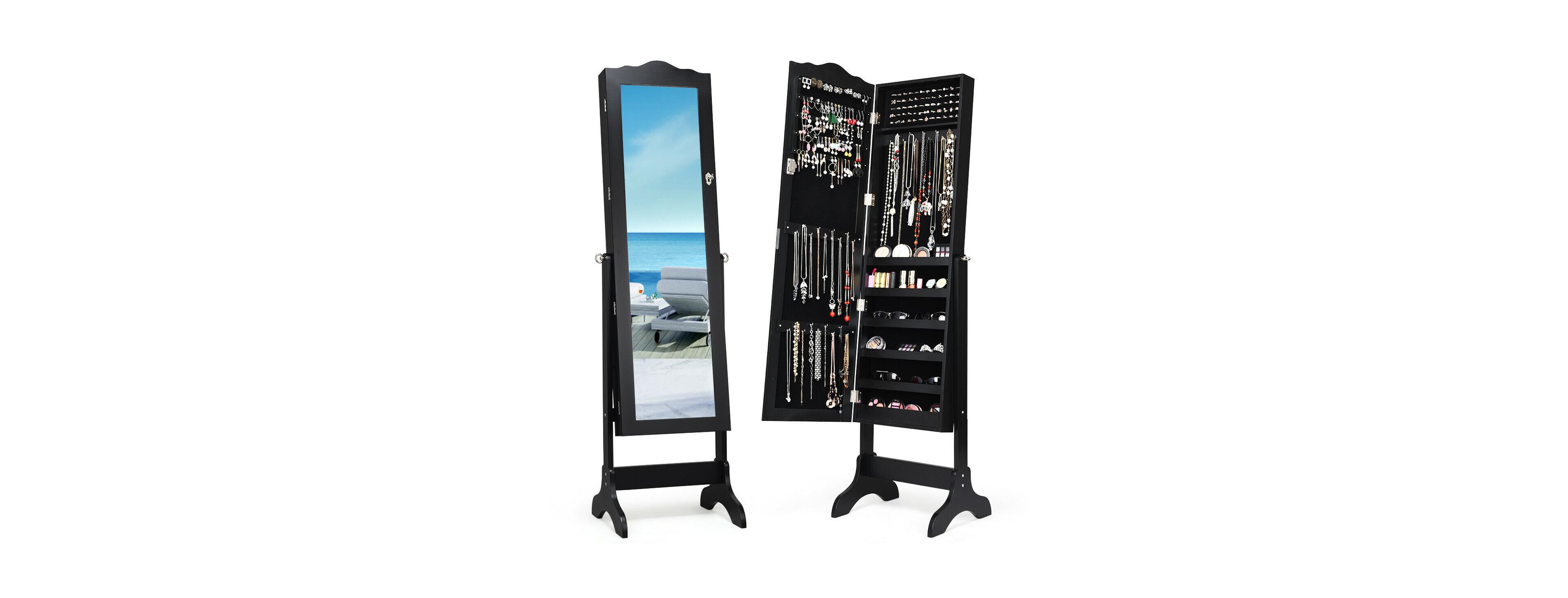 Sugift Mirrored Lockable Jewelry Cabinet Armoire Organizer Storage Box
