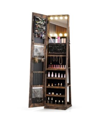 Lighted Full-Length Mirror Swivel Jewelry Armoire Cabinet