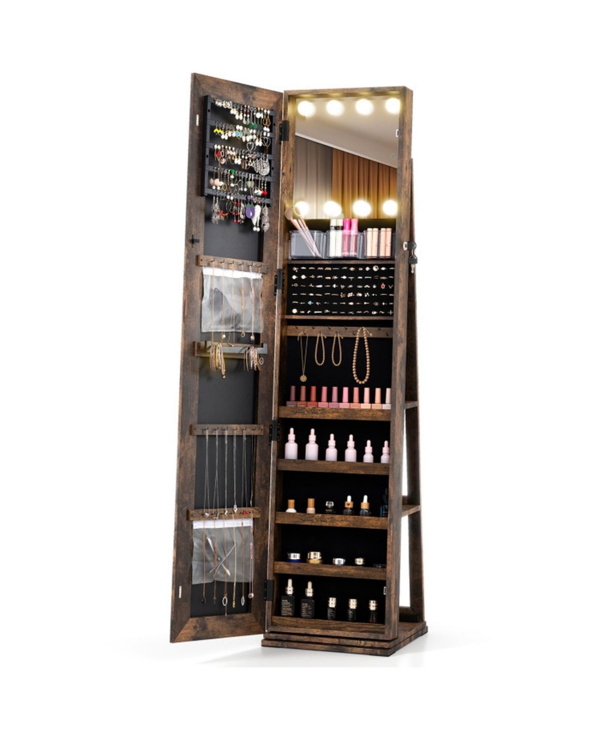 Gouun Lighted Full-Length Mirror Swivel Jewelry Armoire Cabinet