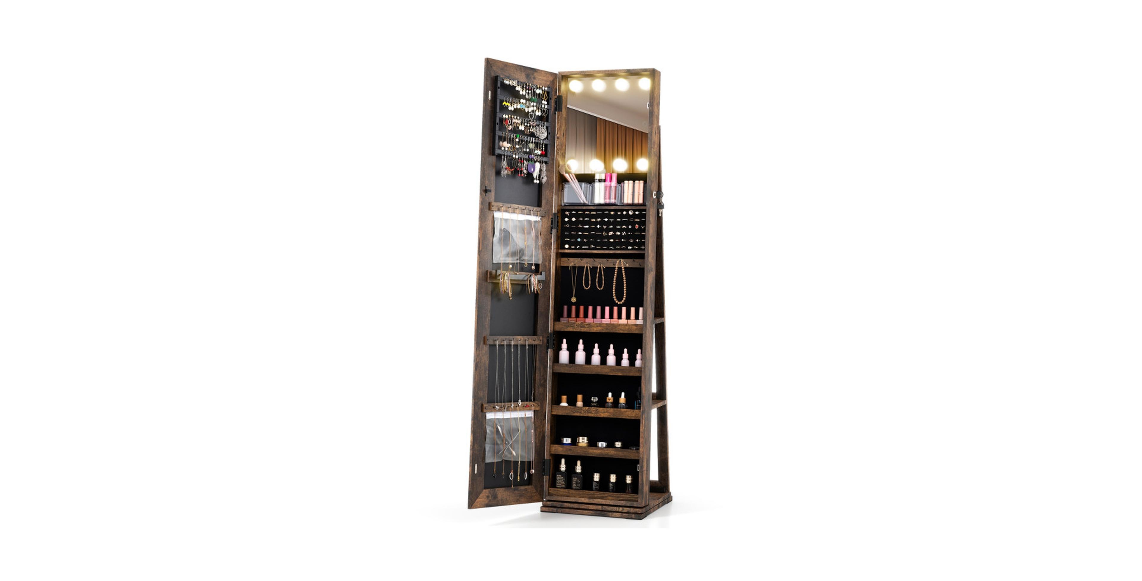 Gouun Lighted Full-Length Mirror Swivel Jewelry Armoire Cabinet