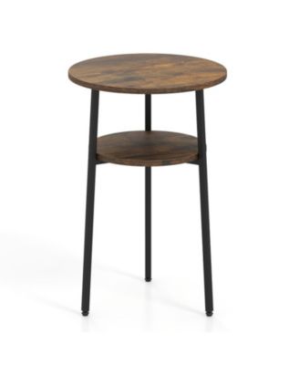 Round Side Table with Storage Shelf and Metal Frame for Living Room