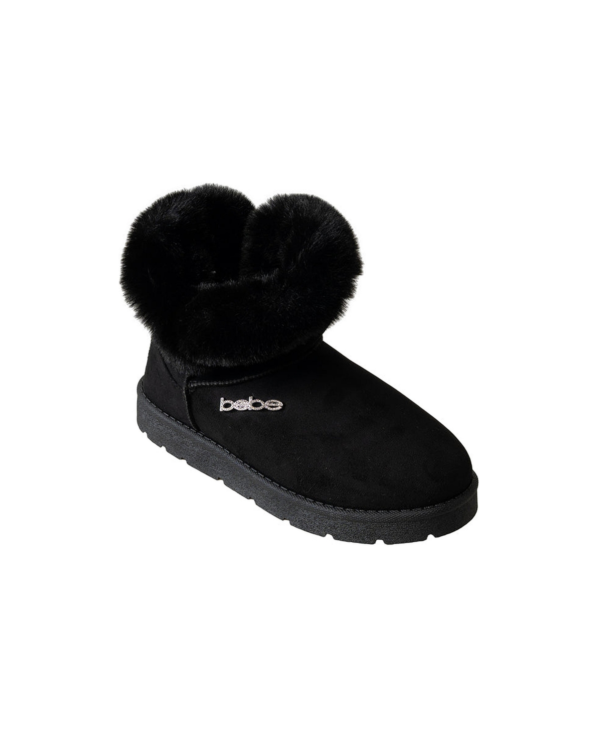 bebe Women's Winter Boots with Faux Fur Trim and Rhinestone Logo - Black