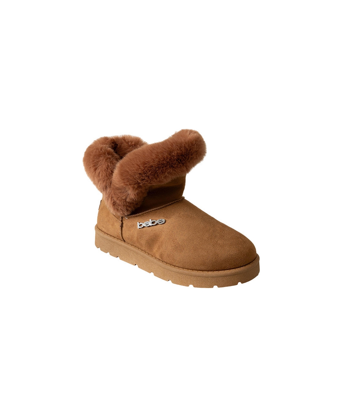 bebe Women's Winter Boots with Faux Fur Trim and Rhinestone Logo - Open Brown