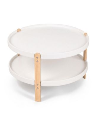 23.5in 2-Tier Round Coffee Table with Solid Wood Legs and Open Storage Shelf
