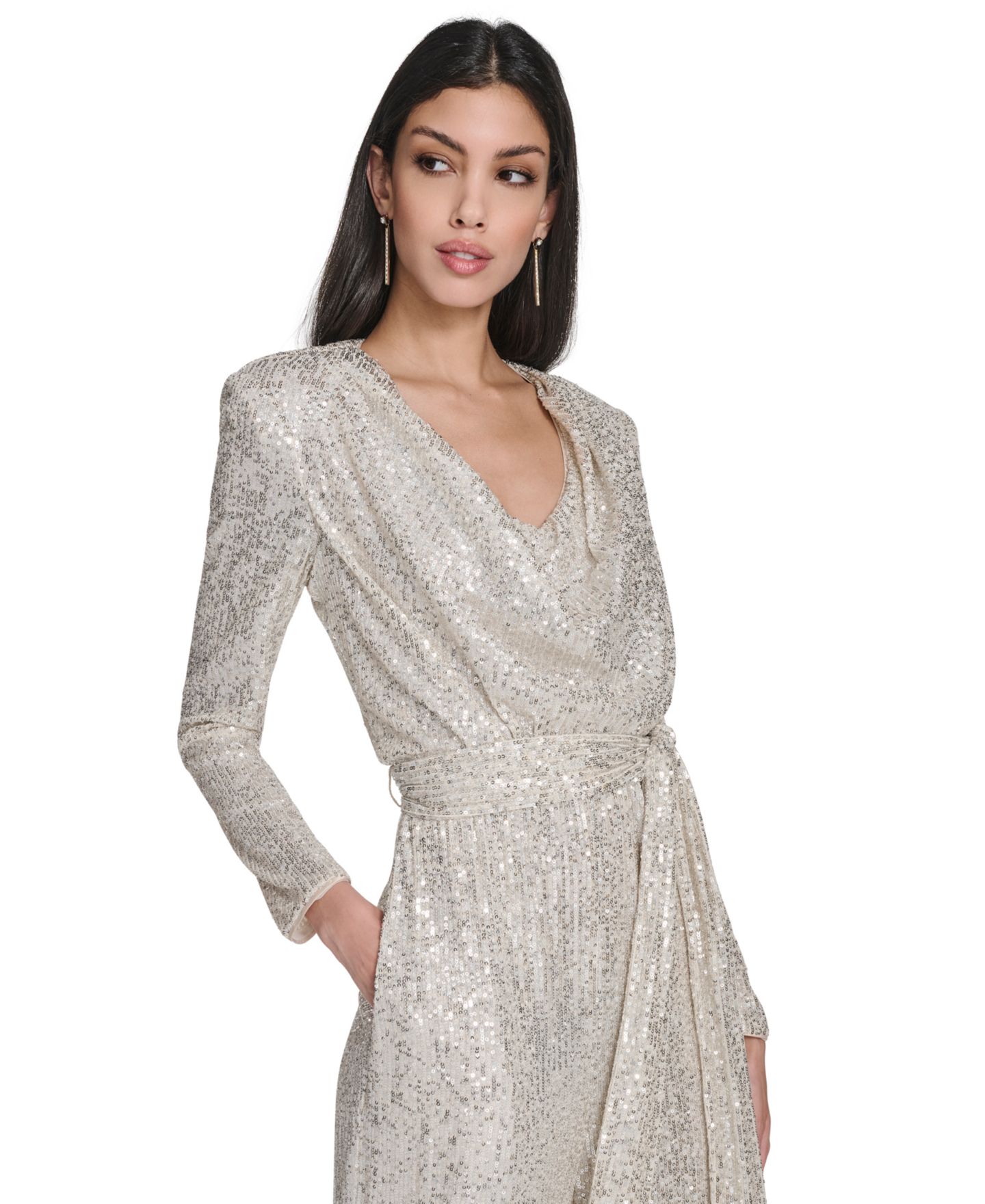 Женский комбинезон Eliza J Long-Sleeve Drape-Neck Wide-Leg Jumpsuit, цвет: Серебряный — фото 3