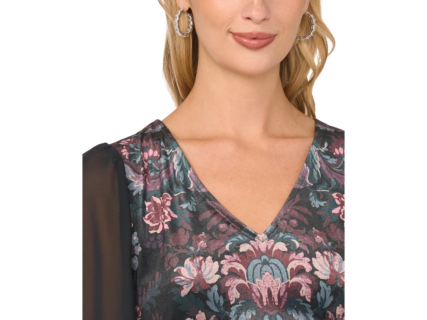 Женская блузка Vince Camuto Floral-Print V-Neck Puff-Sleeve, цвет: Насыщенный чёрный — фото 3