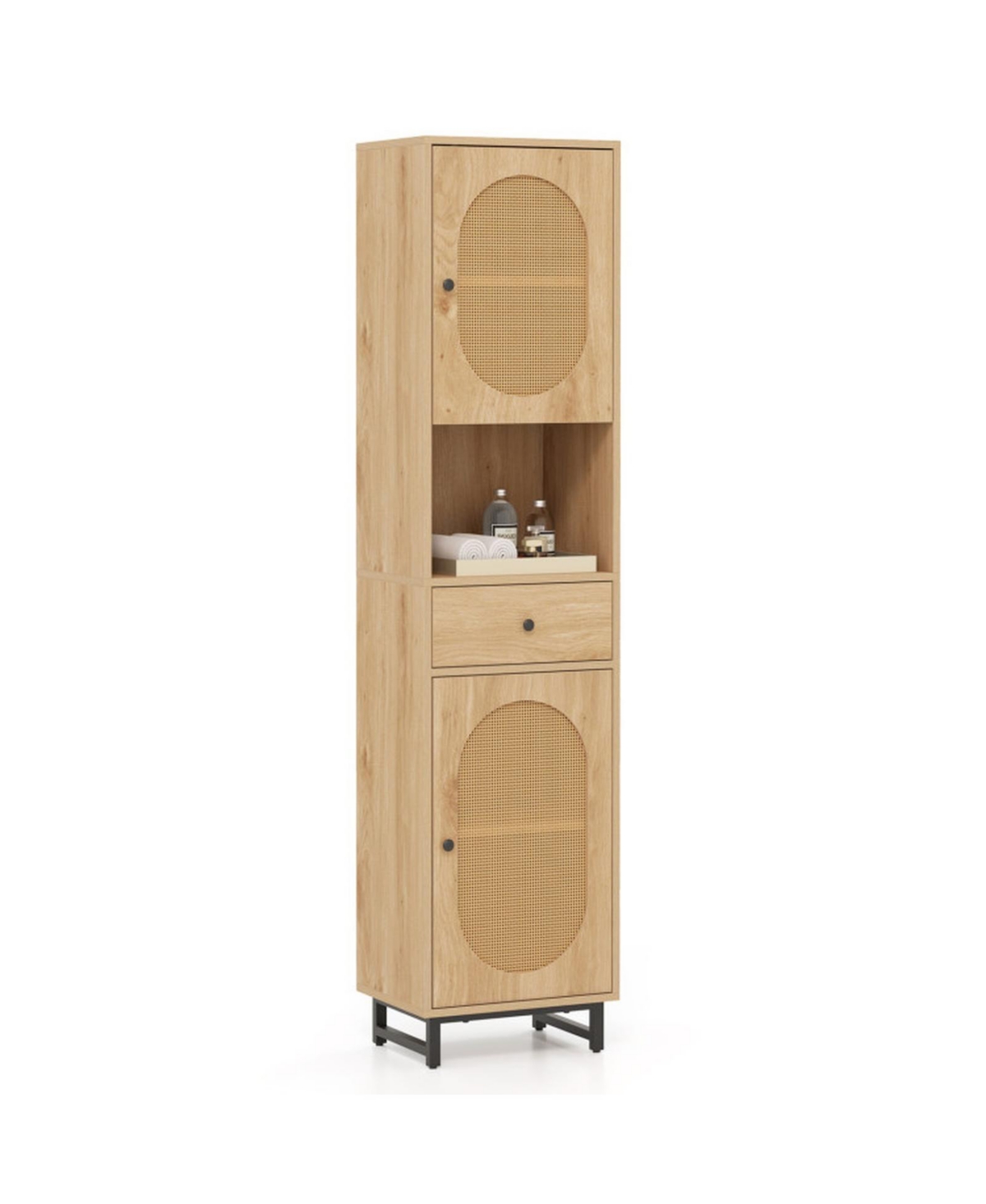Sugift 67-Inch Tall Bathroom Floor Cabinet with 2 Doors and Drawer - Brown