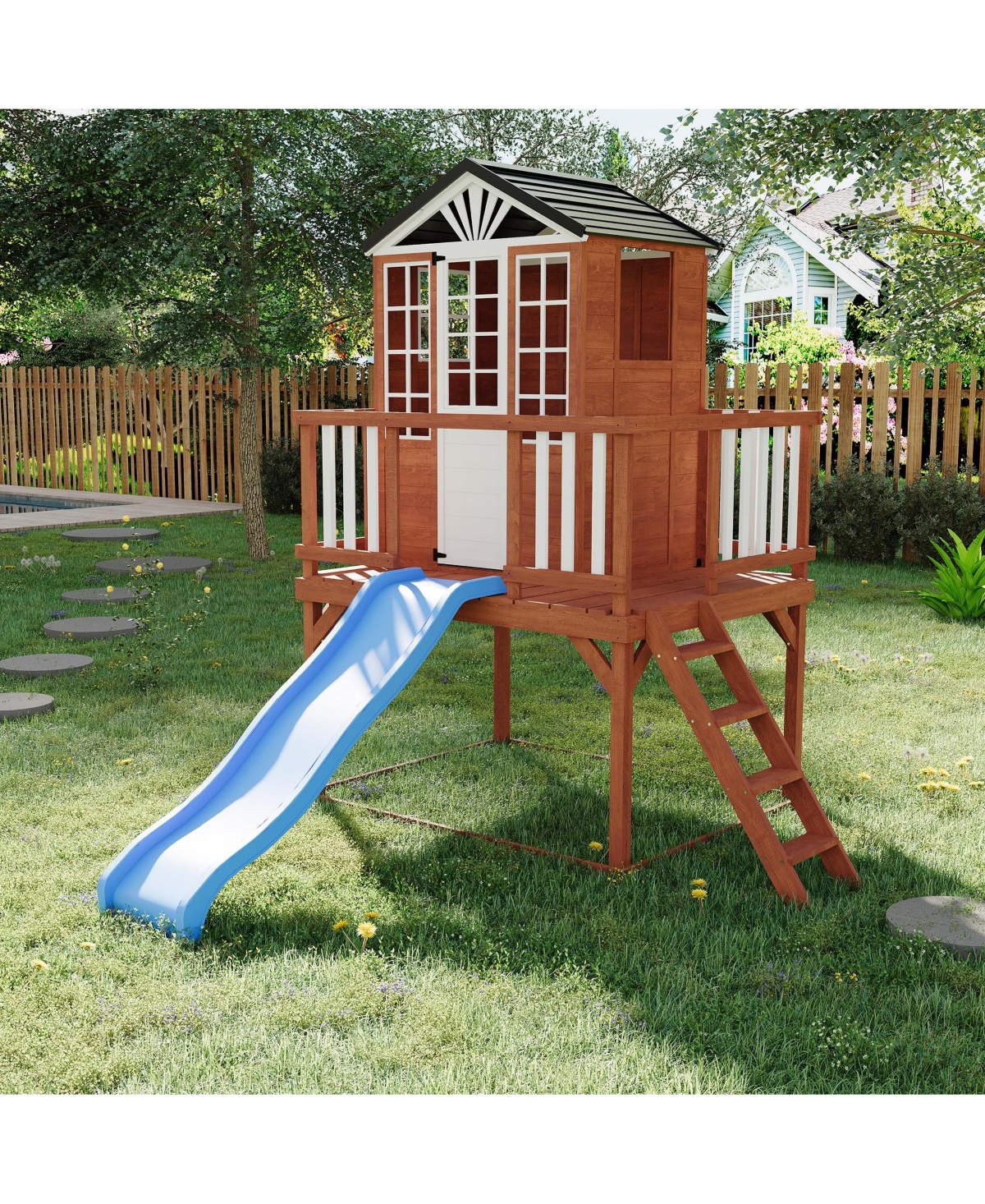 homfan Wooden Kids Playhouse, Elevated Outdoor Game Cottage with Wave Slide, Step Ladder, High Dense Fence, Multi Function Play Space for Ages 3 10